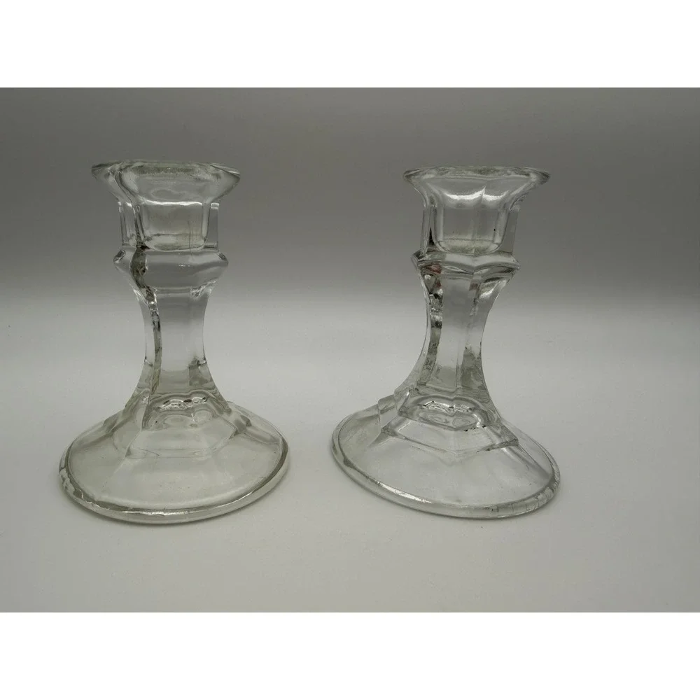 Vintage Clear Glass Hexagonal Base Taper Candlestick Holders Pair Set of 2